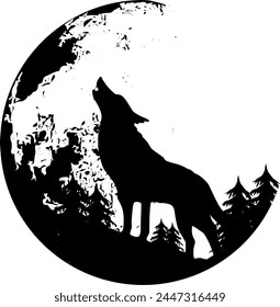 Vector silhouette wolf in front of full moon in the woods - Design Element - Nature and Mythology
