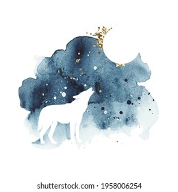 Vector silhouette of wolf howling at the full moon. Watercolor print with animal in dark and golden colors. Night sky. Abstract watercolor vector splash. Design of a t-shirt, postcard, poster, bag