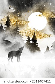 Vektorsilhouette des Wolfs, der bei Vollmond heult. Aquarell, magische Vektorlandschaft mit Tier einzeln auf weißem Hintergrund. С Wald und Nachthimmel mit goldenen Wolken