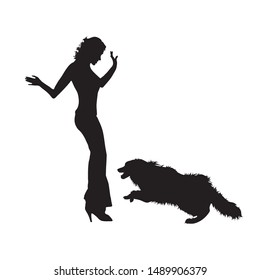 Vector silhouette of woman attacking aggressive dog. Symbol of anger animal on white background.