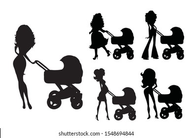 Vector silhouette of woman with baby carriage on white background. Symbol of girl, child, maternity, logo.
