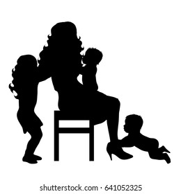 Vector silhouette of woman with baby on white background.
