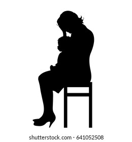 Vector silhouette of woman with baby on white background.