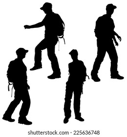 Vector silhouette of a woman with backpack on a white background.