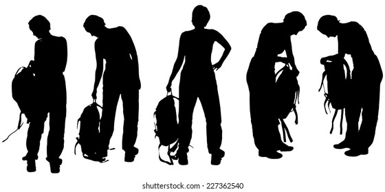 Vector silhouette of woman with backpack on white background