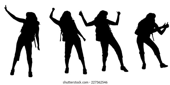 Vector silhouette of woman with backpack on white background