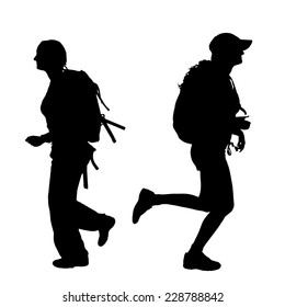 Vector silhouette of woman with backpack on white background.