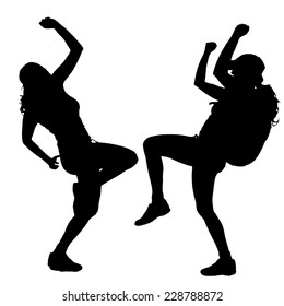 Vector silhouette of woman with backpack on white background.
