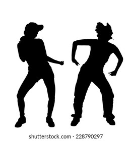 Vector silhouette of woman with backpack on white background.