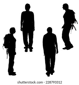 Vector silhouette of woman with backpack on white background.