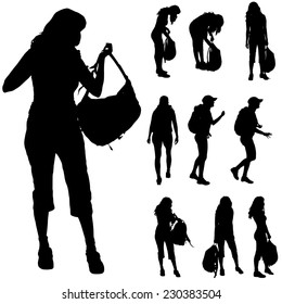 Vector silhouette of woman with backpack on white background.