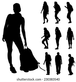 Vector silhouette of woman with backpack on white background.