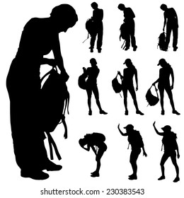 Vector silhouette of woman with backpack on white background.