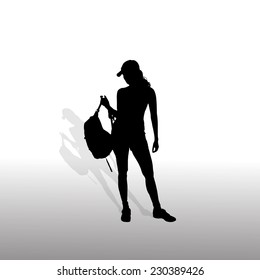 Vector silhouette of woman with backpack on white background.