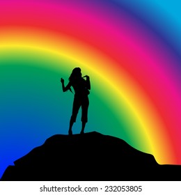 Vector silhouette of woman with backpack on rainbow bakground.