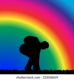 Vector silhouette of woman with backpack on rainbow background.