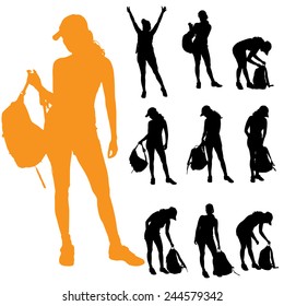 Vector silhouette of a woman with a backpack on a white background.