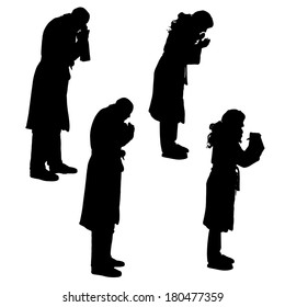 Vector silhouette of a woman in a bathrobe on a white background. 