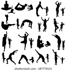 Vector silhouette of a woman with a child by practicing.