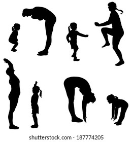Vector silhouette of a woman with a child by practicing.