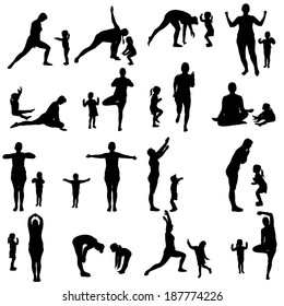 Vector silhouette of a woman with a child by practicing.