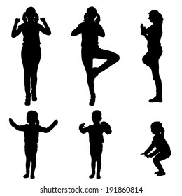 Vector silhouette of a woman with a child by practicing.