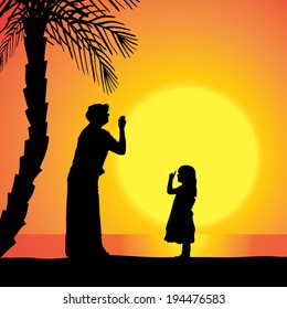 Vector silhouette of a woman with child at sunset.