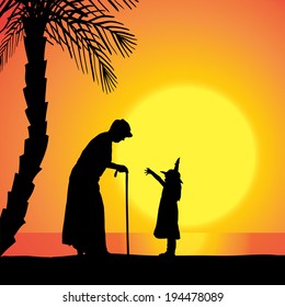 Vector silhouette of a woman with child at sunset.