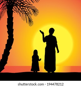 Vector silhouette of a woman with child at sunset.