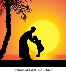 Vector silhouette of a woman with child at sunset.