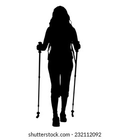 Vector silhouette of a woman with chopsticks Nordic walking on white background.