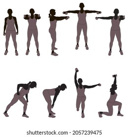 Vector silhouette of woman in costume working out with dumbbells. Sportive girl doing fitness exercises with weights for muscles of arms and legs. Fintess icons.