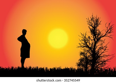 Vector silhouette of a woman in the countryside at sunset.