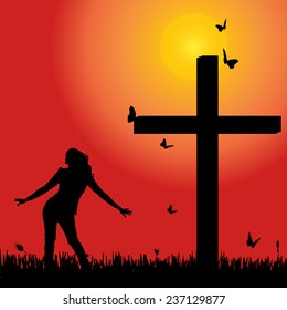 Vector silhouette of woman at the cross at sunset.