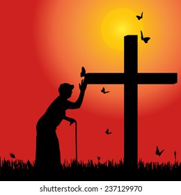 Vector silhouette of woman at the cross at sunset.