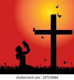 Vector silhouette of woman at the cross at sunset.