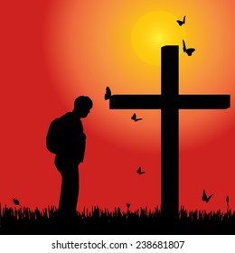 Vector silhouette of woman at the cross at sunset.