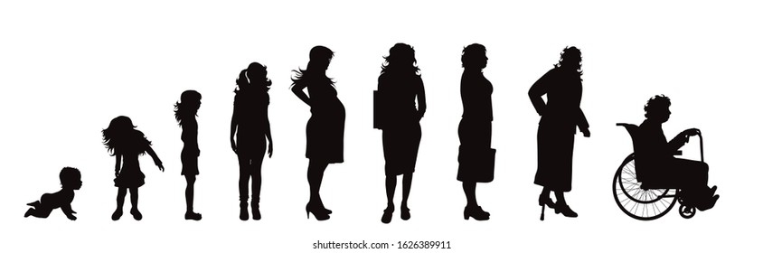 Vector silhouette of woman in different age on white background. Symbol of generation from child to old person.