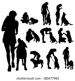 Vector silhouette of a woman with a dog.