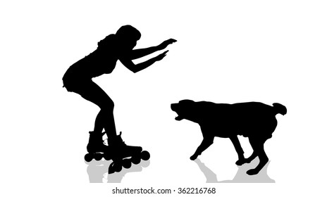 Vector silhouette of a woman with a dog.