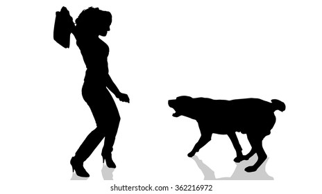 Vector silhouette of a woman with a dog.