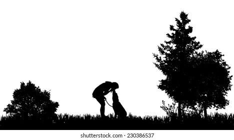 Vector silhouette of a woman with a dog in nature.