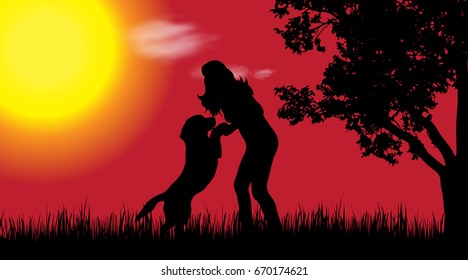 Vector silhouette of woman with dog in nature at sunset.