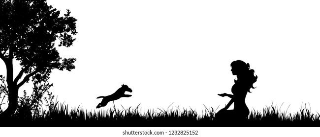 Vector silhouette of woman with dog on the meadow.