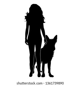 Vector silhouette of woman with dog on white background. Symbol of friendship.