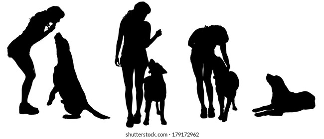 Vector silhouette of a woman with a dog on a white background. 
