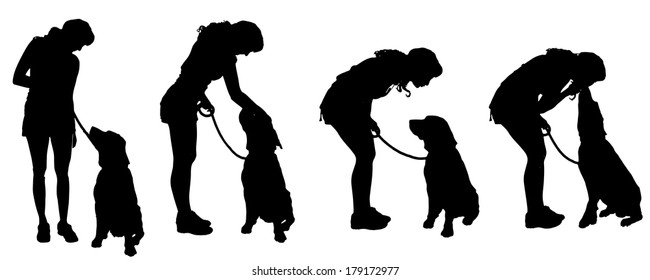 Vector silhouette of a woman with a dog on a white background. 
