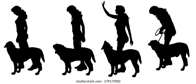 Vector silhouette of a woman with a dog on a white background. 