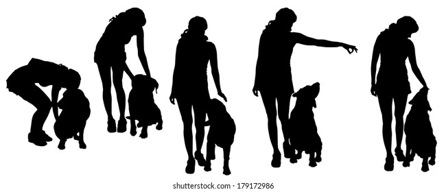 Vector silhouette of a woman with a dog on a white background. 