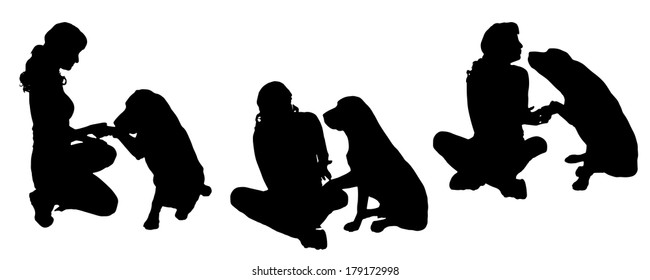 Vector silhouette of a woman with a dog on a white background. 